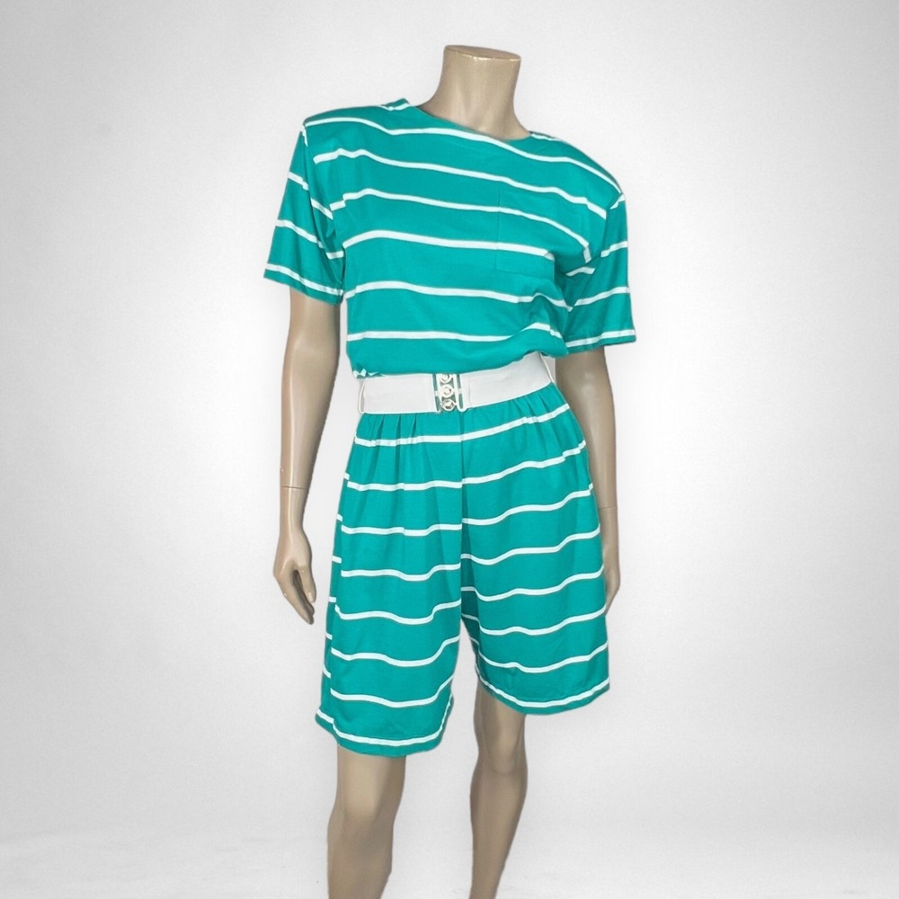 Vintage 80s Striped Turquoise Belted‎ Romper SMALL Summer Spring Casual